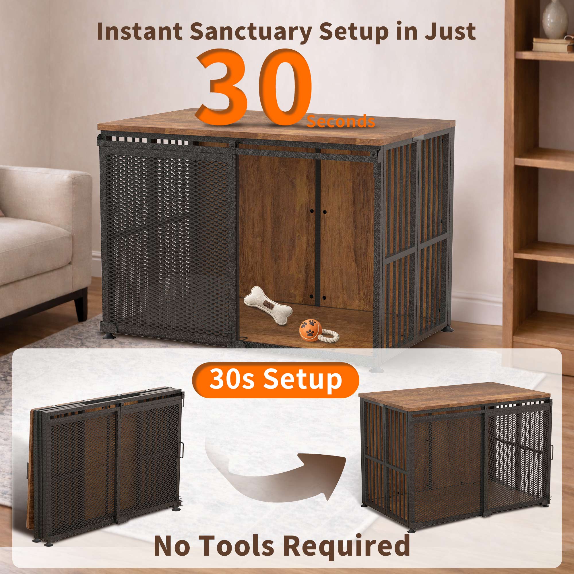 42 Inch Large Dog Crate Furniture, Foldable 30s Setup, Sliding Barn Door with Escape-Proof Latches, Multi-Layer Plywood, 260 LBS TV Stand Top, Indoor Kennel for Labs, Golden Retrievers, Collies & More