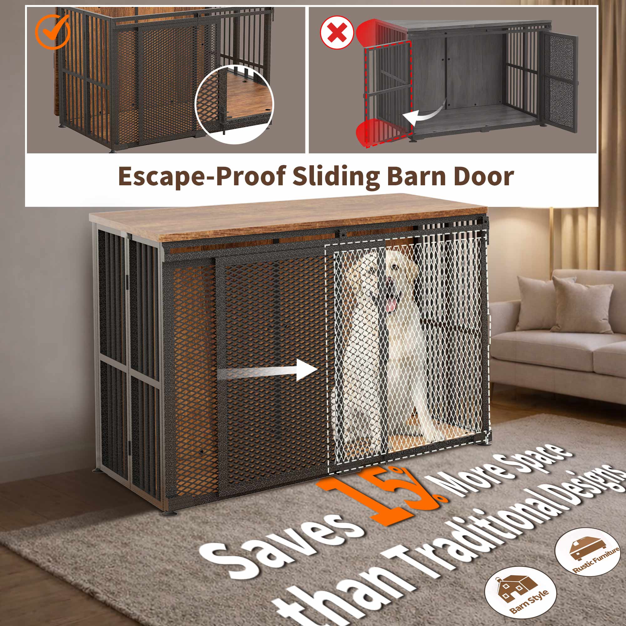 42 Inch Large Dog Crate Furniture, Foldable 30s Setup, Sliding Barn Door with Escape-Proof Latches, Multi-Layer Plywood, 260 LBS TV Stand Top, Indoor Kennel for Labs, Golden Retrievers, Collies & More