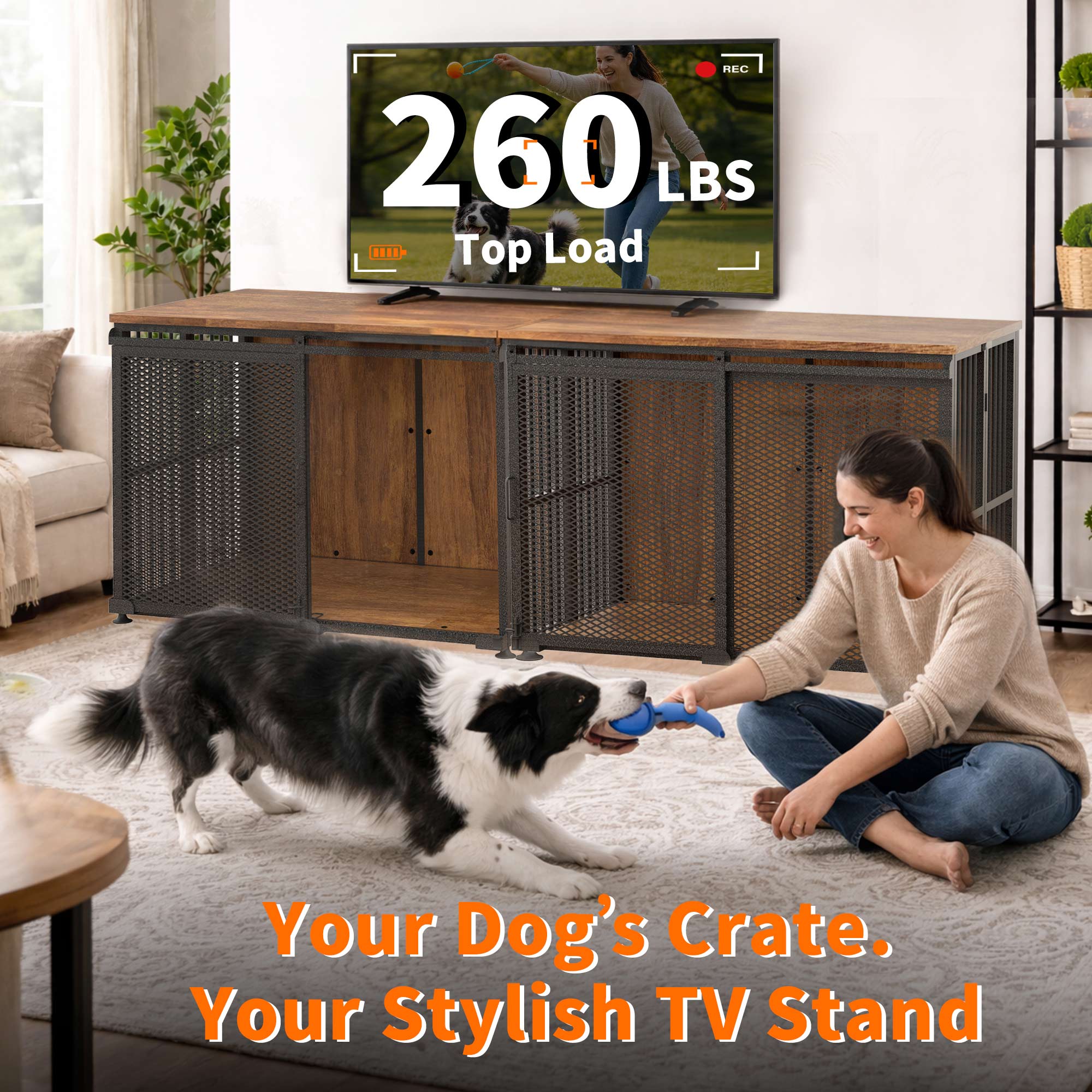 42 Inch Large Dog Crate Furniture, Foldable 30s Setup, Sliding Barn Door with Escape-Proof Latches, Multi-Layer Plywood, 260 LBS TV Stand Top, Indoor Kennel for Labs, Golden Retrievers, Collies & More