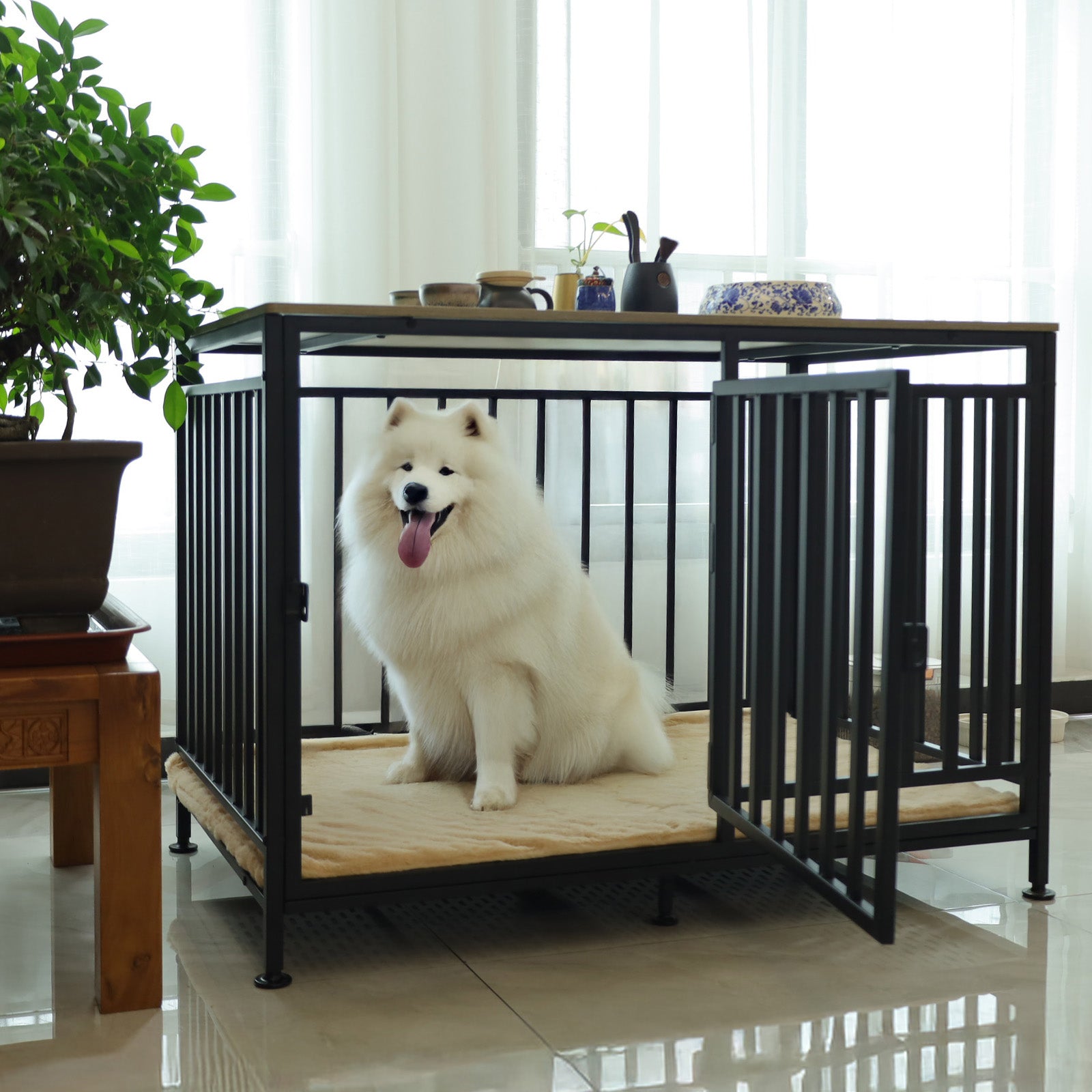 43.4"  Dog Crate Furniture for Medium and Large Dogs – Heavy Duty Wooden Dog Kennel with Metal Frame, Stylish Indoor Dog Cage End Table, Safe & Easy to Clean