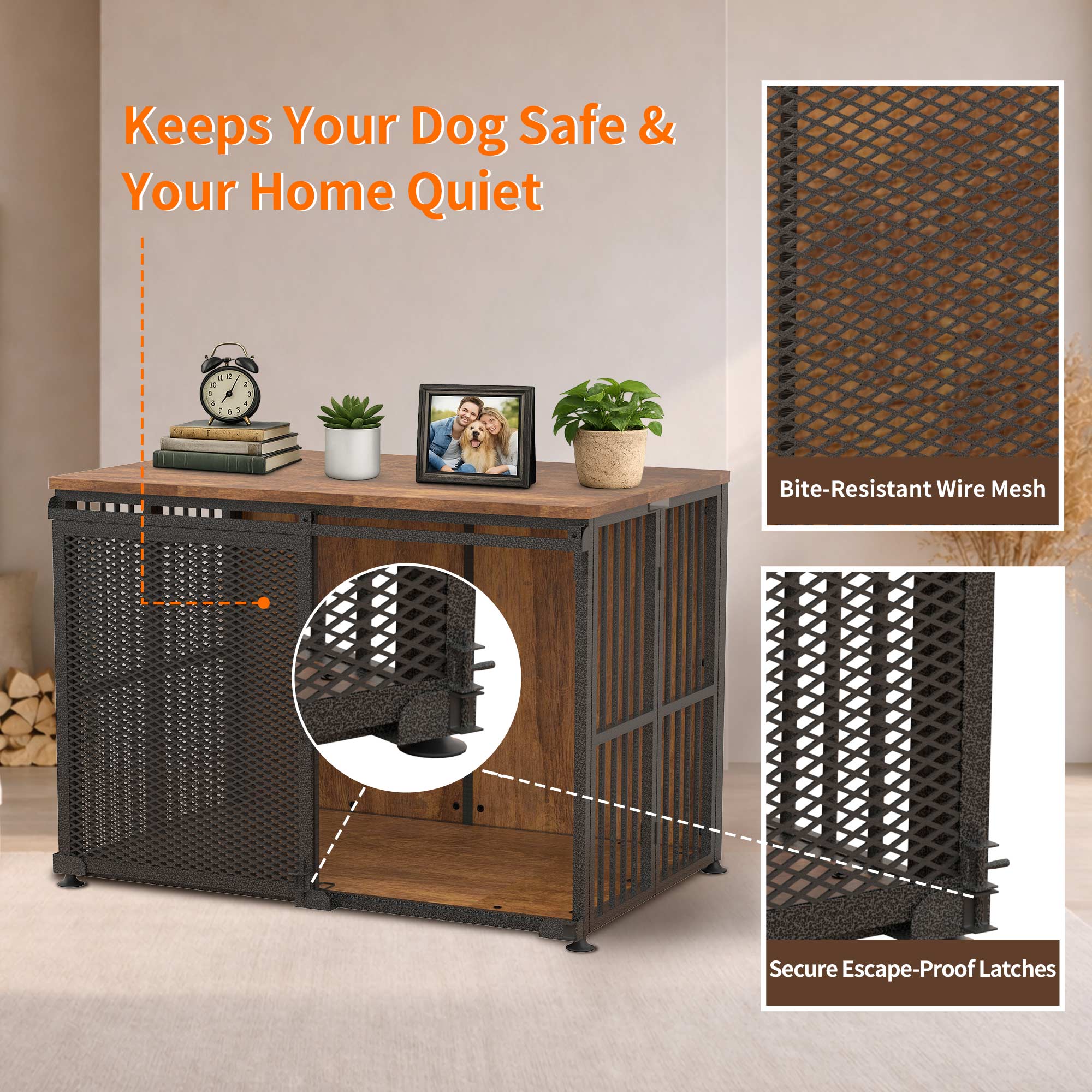 42 Inch Large Dog Crate Furniture, Foldable 30s Setup, Sliding Barn Door with Escape-Proof Latches, Multi-Layer Plywood, 260 LBS TV Stand Top, Indoor Kennel for Labs, Golden Retrievers, Collies & More