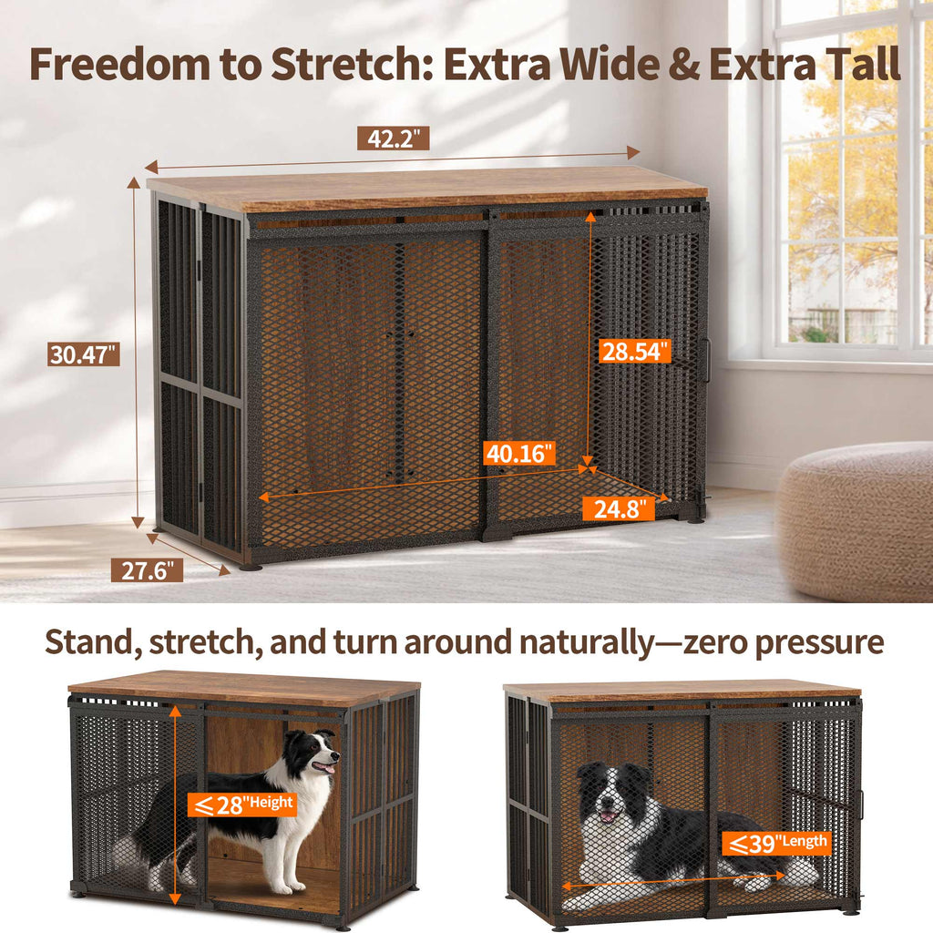 42 Inch Large Dog Crate Furniture, Foldable 30s Setup, Sliding Barn Door with Escape-Proof Latches, Multi-Layer Plywood, 260 LBS TV Stand Top, Indoor Kennel for Labs, Golden Retrievers, Collies & More