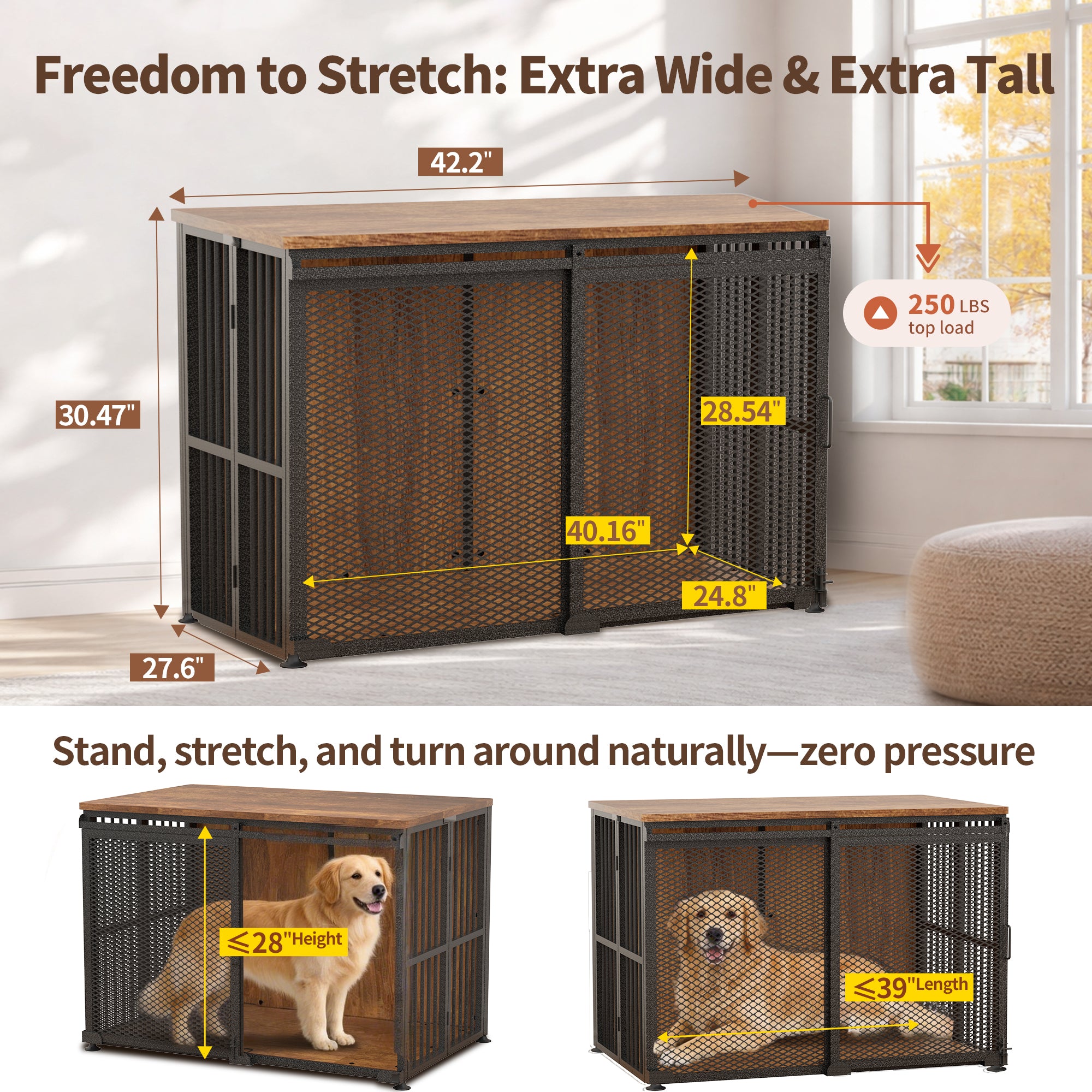 42 Inch Large Dog Crate Furniture, Foldable 30s Setup, Sliding Barn Door with Escape-Proof Latches, Multi-Layer Plywood, 260 LBS TV Stand Top, Indoor Kennel for Labs, Golden Retrievers, Collies & More