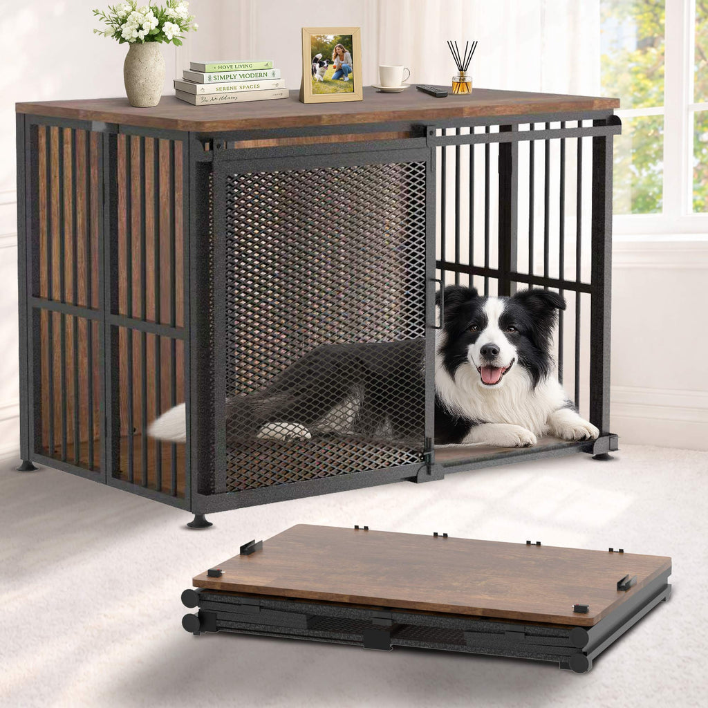 42 Inch Large Dog Crate Furniture, Foldable 30s Setup, Sliding Barn Door with Escape-Proof Latches, Multi-Layer Plywood, 260 LBS TV Stand Top, Indoor Kennel for Labs, Golden Retrievers, Collies & More