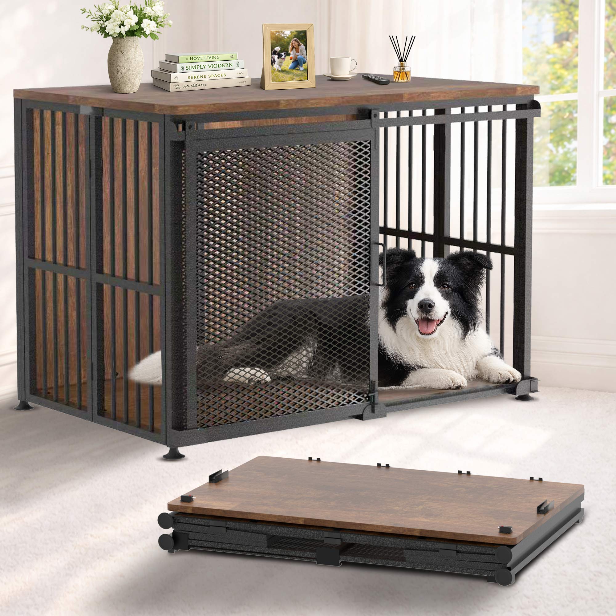 42 Inch Large Dog Crate Furniture, Foldable 30s Setup, Sliding Barn Door with Escape-Proof Latches, Multi-Layer Plywood, 260 LBS TV Stand Top, Indoor Kennel for Labs, Golden Retrievers, Collies & More